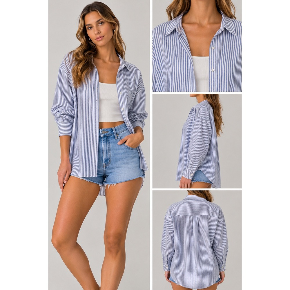 H&M Womens M Blue White Striped Oversized Button Down Shirt Long Sleeve